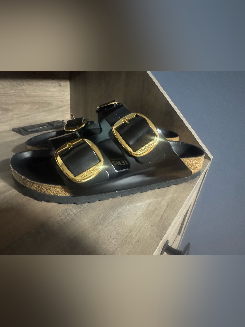 Birkenstock Black Arizona big Buckle Slides with Gold Buckles Sz 38 Womens